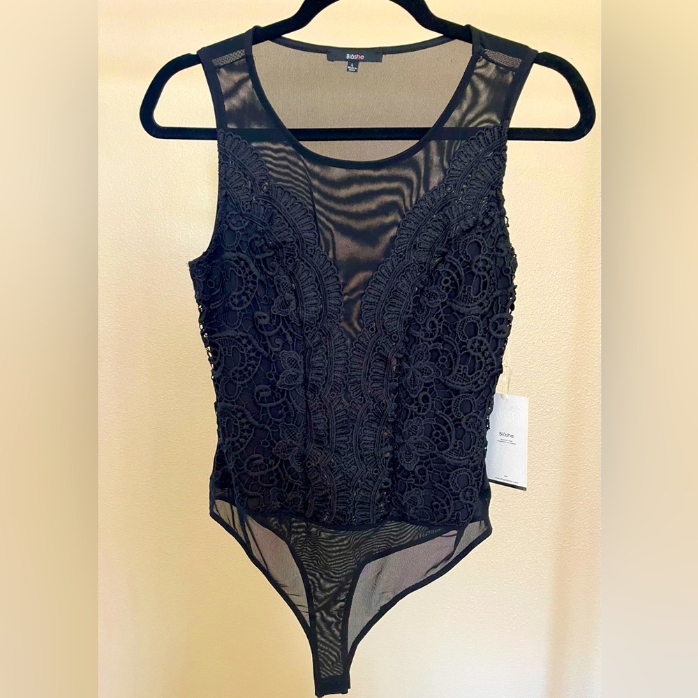 bebe Sheer Black Lace Bodysuit